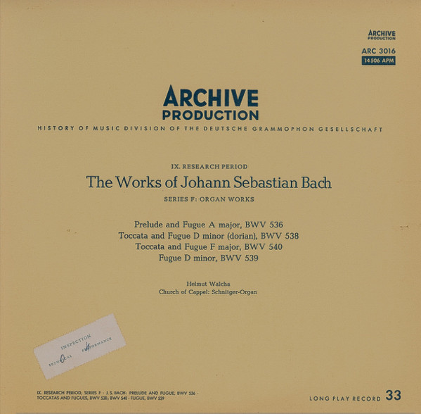 Johann Sebastian Bach Helmut Walcha - BWV 536   BWV 538  BWV 540   BWV 539
