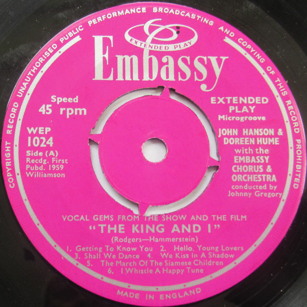 John Hanson   Doreen Hume   Johnny Gregory -  Gems From The Film The King And I